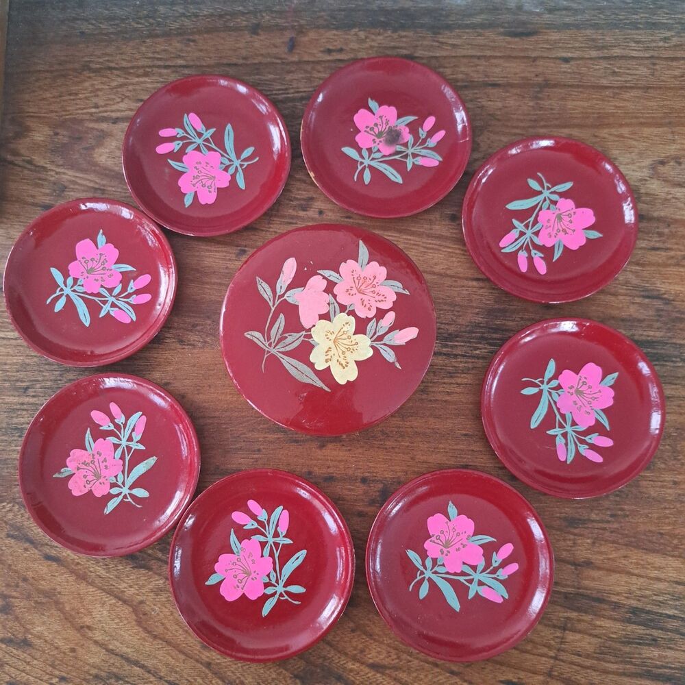 Vintage Set of 9 Red Pink Cranberry Japanese Lacquerware Coasters Plates Case